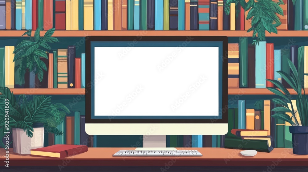 Poster mockup of a computer with a blank screen on a desk, with a cozy library bookshelf backdrop, suitable