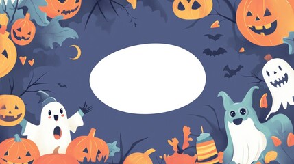 Fototapeta premium Whimsical Halloween background showcasing playful monsters and Halloween treats, with a clear area in the middle for adding text.