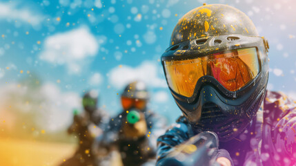 Paintball Player in Action with Colorful Splatter
