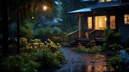 Obraz premium A rainy evening on the porch of a house with a lit lantern, lush greenery, and a pathway leading to the house.