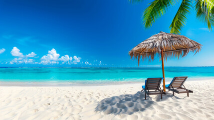 Fototapeta premium Tropical Beach with Palm Trees and Chairs