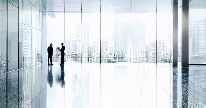 abstract business people walking time laps rush, businessman and businesswoman networking talking in the hall of business center trade fair tradeshow exhibition showcase, looping motion seamless loop