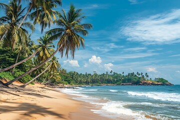 A tropical beach with palm trees, white sand, and blue ocean.