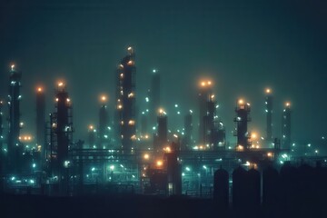 Oil refinery at night, industrial lights glowing, energy production close up, focus on, copy space Dark, moody atmosphere Double exposure silhouette with oil industry