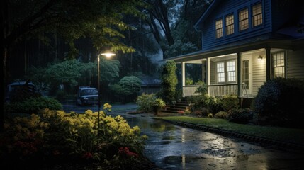 Obraz premium A rainy evening with a lit street lamp illuminating a home with a porch and a yard with a car parked.