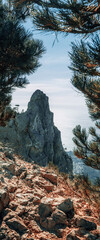 Majestic mountain landscape under the morning sky. Mountains, forest, sky, clouds, mountain peaks sea.