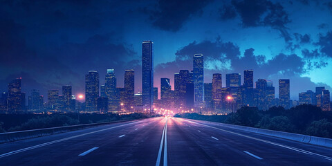 Obraz premium Wide Open Highway Stretching Towards a Vibrantly Lit City Skyline at Night, Symbolizing the Journey of Urban Exploration, Modern City Life, and the Endless Possibilities of a Bright Future