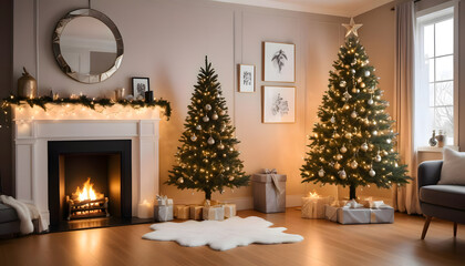 Image Name: Cozy Christmas living room with decorated tree and fireplace
