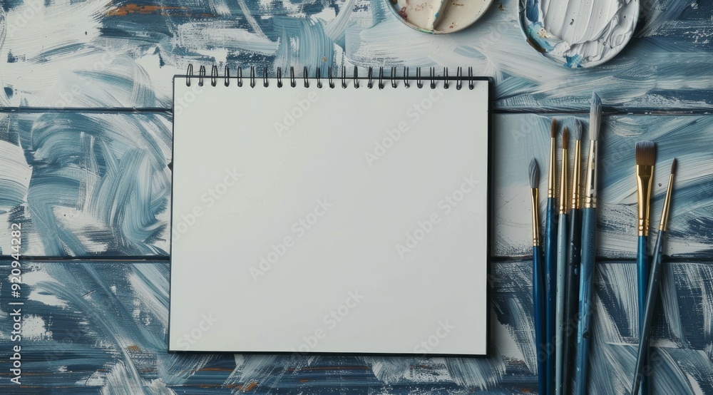 Poster an open sketchbook rests on a textured blue surface, paired with brushes and vibrant paint, creating