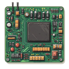 Fototapeta premium A close-up view of a circuit board with various components, including a large chip and red buttons. The board is green and has a pixelated style.