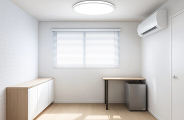 Fototapeta premium a room with a desk a window a desk and a lamp