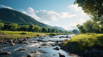 Obraz premium A scenic river winding through a green valley with a mountain backdrop.