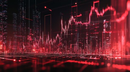 Graphique boursier avec des lumières rouges et roses, un paysage urbain en arrière-plan, dans un style futuriste avec une atmosphère sombre.