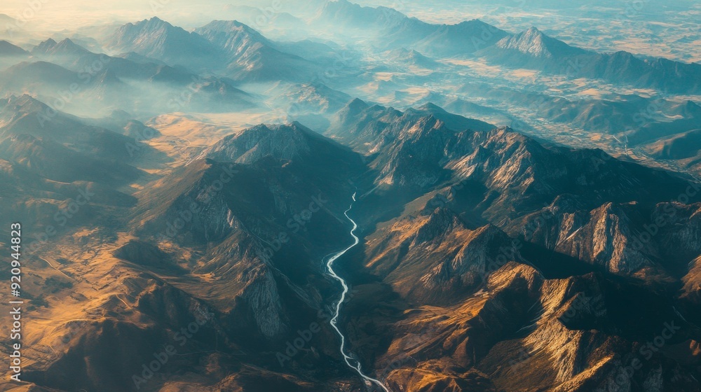 Poster a mountain range with a river running through it