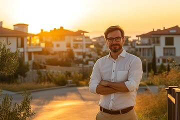 Fototapeta premium A property agent stands confidently in a residential neighborhood at sunset, surrounded by modern homes and warm golden light