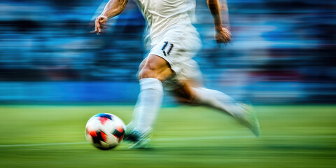 Soccer player kicking the ball on the field, motion blur