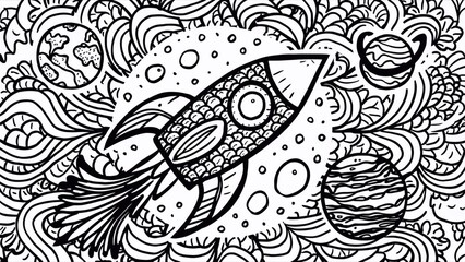 Antistress rocket coloring page. Black and white coloring page