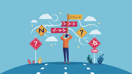 flat design BigBusiness decision making, career path, choose the right way to success concept, confusing businessman looking at multiple road sign with question 
