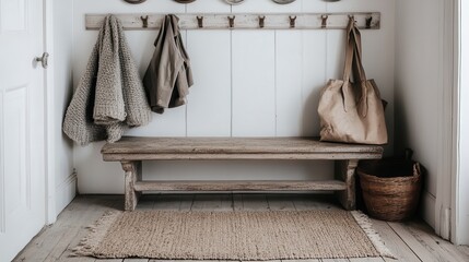 A rustic entryway featuring a wooden bench, hooks with hanging coats, and woven bags. The minimalistic design with rustic decor elements create a welcoming ambiance.