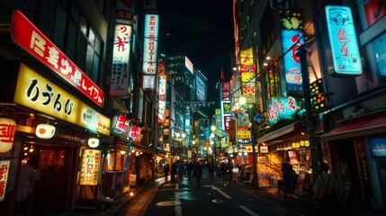 A city street at night, illuminated by the glow of neon signs and streetlights.