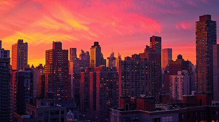 Fototapeta premium A city skyline at sunset, with buildings silhouetted against a brilliant orange and pink sky. The architecture ranges from towering skyscrapers to quaint rooftops