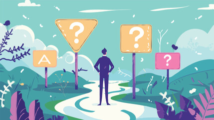 flat design BigBusiness decision making, career path, choose the right way to success concept, confusing businessman looking at multiple road sign with question 

