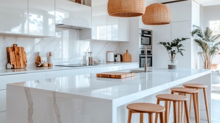 This image depicts a modern kitchen featuring a large marble island, glossy white cabinets, wooden accents, and two woven pendant lights hanging above the island.
