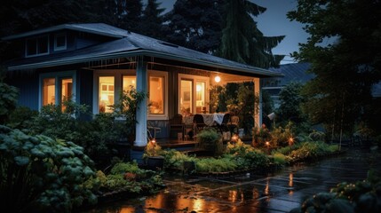 Fototapeta premium A small house with a porch lit by string lights, surrounded by lush greenery and a wet patio.