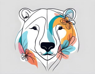 colorful Abstract Polar Bear face with flowers by one line vector drawing. Portrait minimalistic style background