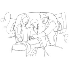 Happy family loads luggage into the car to go on vacation trip. Continuous line vector illustration.