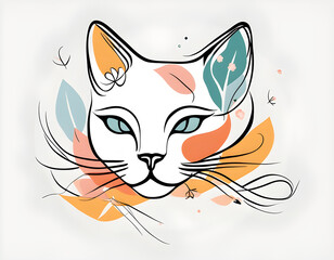 Obraz premium Abstract cat face with flowers by one line vector drawing. Portrait minimalistic style background
