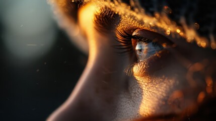 A detailed close-up shot of an eye reflecting the light from a fire, highlighting the intricate details and capturing the intensity and emotion in the gaze.