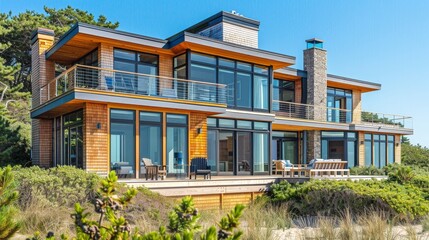 Fototapeta premium A coastal home being built, with large decks and expansive windows to maximize the views of the ocean.