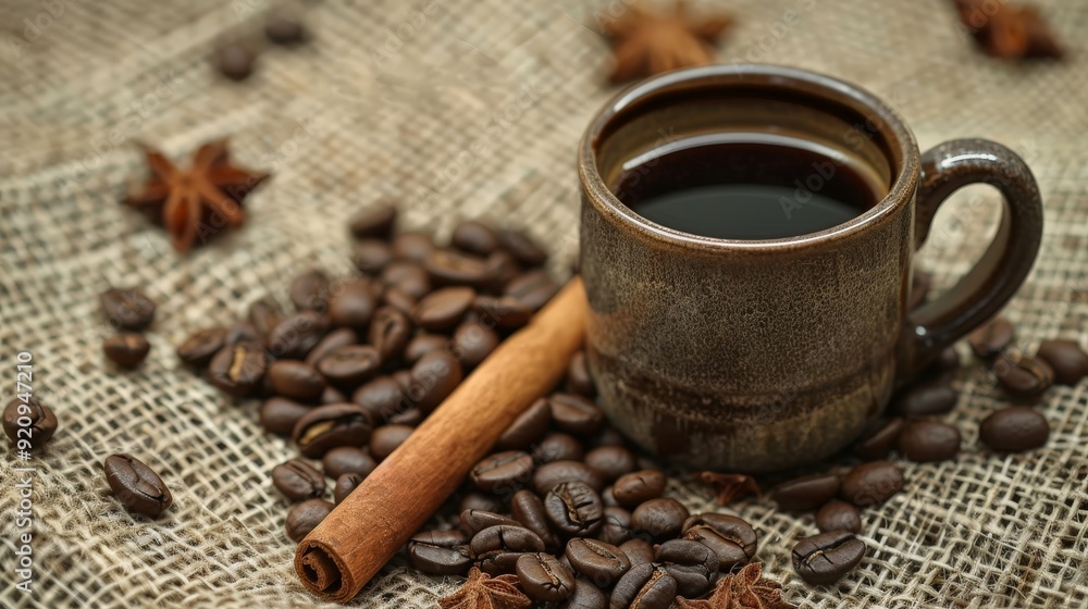 Poster A coffee cup surrounded by coffee beans and a cinnamon stick on a burlap surface.