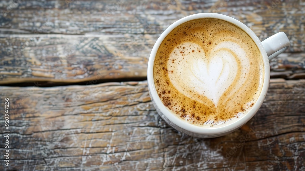 Poster a coffee cup with a heart-shaped latte art design on a rustic wooden table.