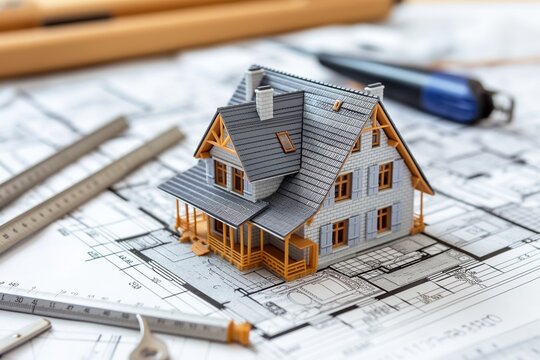 A scale model of a house is placed on architectural blueprints with drafting tools around it.
