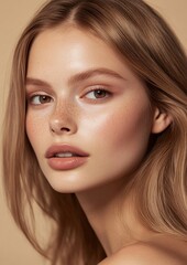 Obraz premium A woman with light brown hair and a tan complexion is wearing makeup