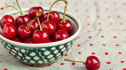 Fresh Vibrant Red Cherries in Ceramic Bowl Against Patterned Cloth Background Highlighting Summer Harvest and Healthy Eating
