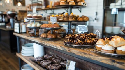 A coffee shop counter with various pastries and baked goods on display.