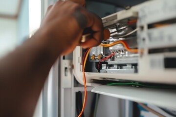 A hand is carefully manipulating wires inside the plastic cover of an appliance during routine repair work.