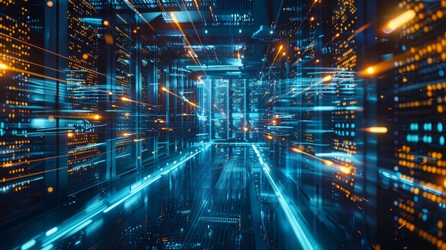 A 3D rendering of a futuristic server room 