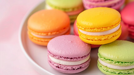 Delicious Pastel Macarons on White Plate Close-Up, Sweet Dessert Treat, French Patisserie Delights in Assorted Colors, Confectionery Artisan Sweets, Food Photography for Culinary Inspiration