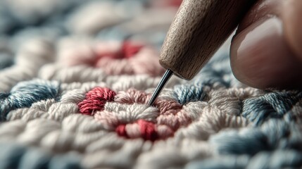 A detailed view of needle punch embroidery in progress, showing a hand skillfully creating a red floral design, demonstrating the artistry and technique involved in needlework.