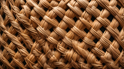 Closeup textured wicker basket weave pattern, brown natural woven rattan material