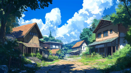 Fototapeta premium anime village landscape with old houses 