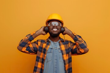 A joyful construction worker with headphones and helmet smiles brightly while listening to music.