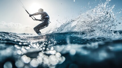 A silhouetted kite surfer rides the waves against a brilliant sunlit ocean backdrop, capturing the thrill and energy of kite surfing in an immersive action shot.