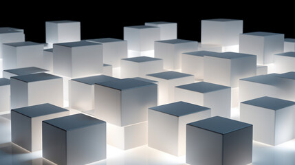 Collection of white cubes arranged randomly on a black background. Cubes background.