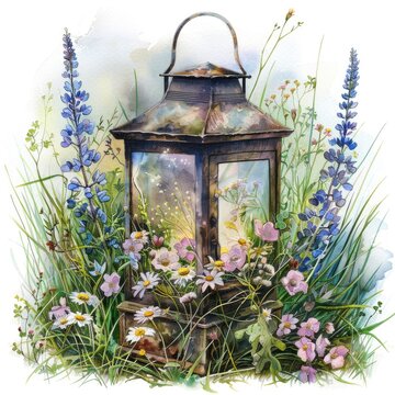 Watercolor Lantern surrounded by Wildflowers and Grasses. Summer Beauty in Hand-Drawn Illustration