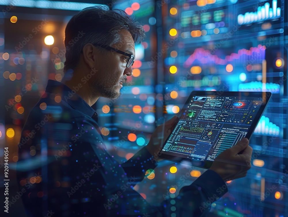 Poster man in glasses holding tablet with data in front of server rack